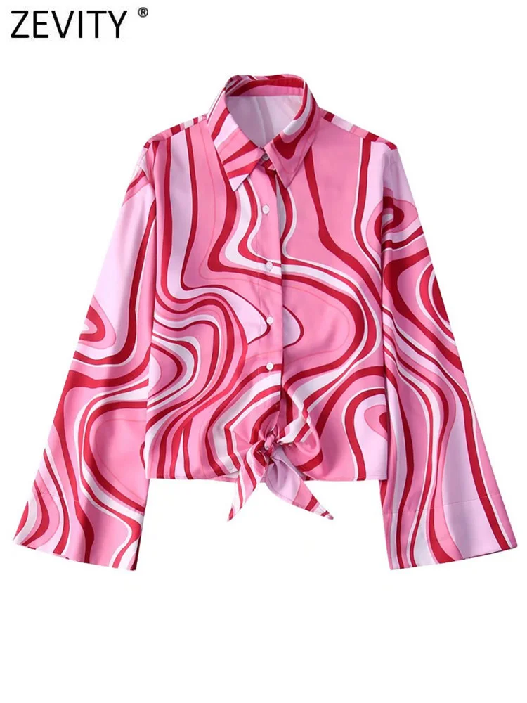 

Zevity Women Vintage Wave Digital Print Casual Blouse Lady Hem Knotted Button Shirt Chic Blusas Flare Sleeve Chemise Tops LS1211
