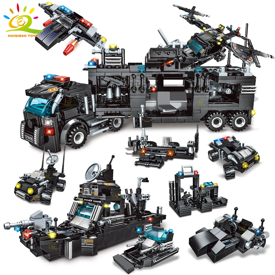 

HUIQIBAO SWAT Police Command Truck Aircraft Building Blocks Set City Boat Bricks with Policeman Construction Toys for Children