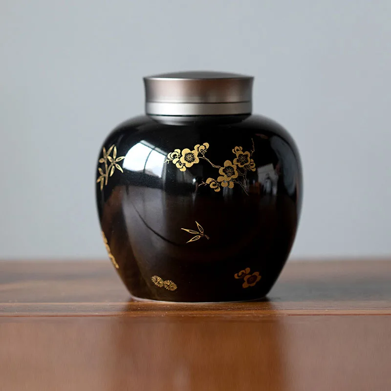 Черная керамическая банка для хранения цветка сливы маленькая портативная чая