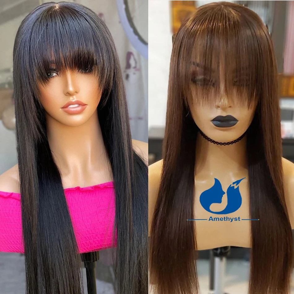 Amethyst 150 Density Silk Straight Human Hair Wig With Bangs Scalp Top Brazilian Remy Full Machine Wig Brown For Black Women