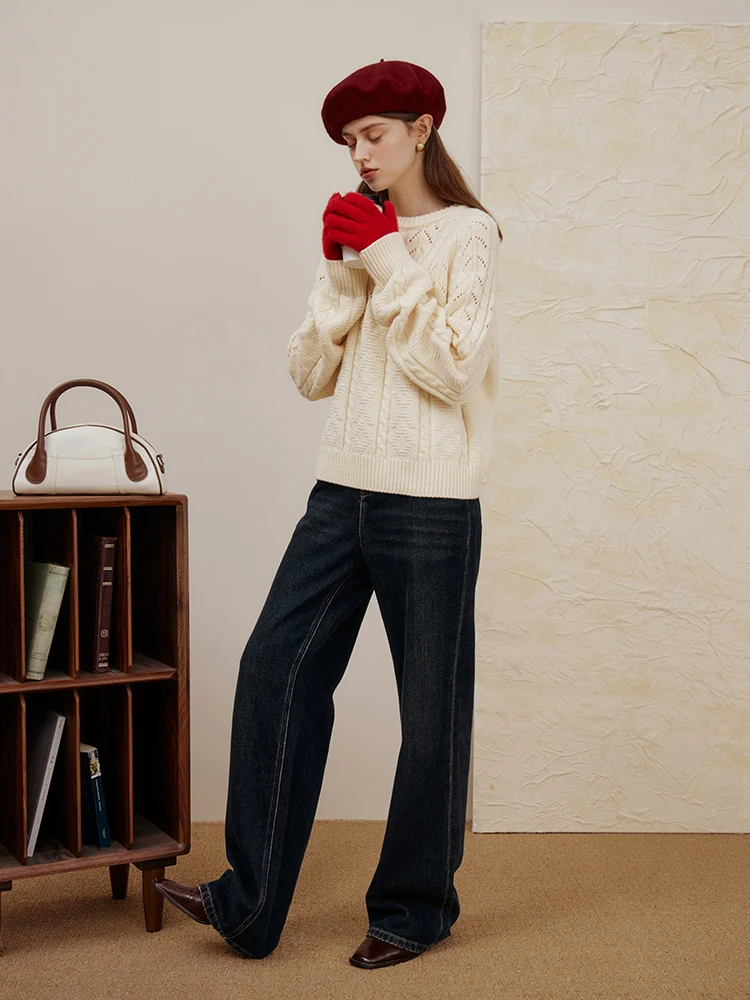 FSLE офисный женский витой шерстяной свободный пуловер с круглым вырезом свитер 2023