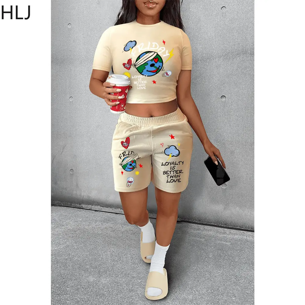 

HLJ Summer Pattern Printing Shorts Two Piece Sets Women Round Neck Crop Top + Shorts Tracksuit Casual Jogger Sporty 2pcs Outfits