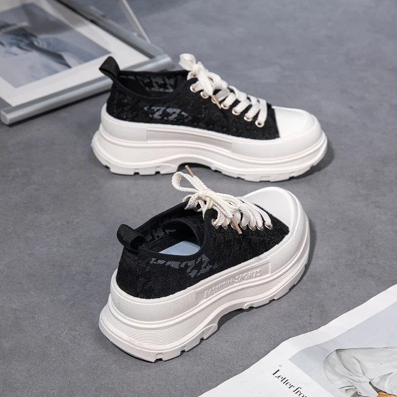 2023 Summer Lace Breathable Shallow Mouth White Shoes Women's Thick-bottomed Hidden Heel Casual All-match Sneakers Pink