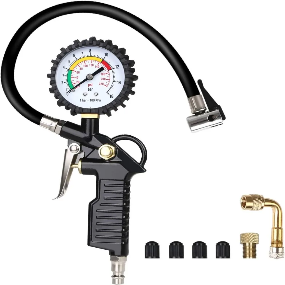 Tyre Pressure Gauge 0-220 PSI Tyre Inflator with Pressure Gauge Air Compressor, Valve Air Chuck and 90 Degree Valve Extender