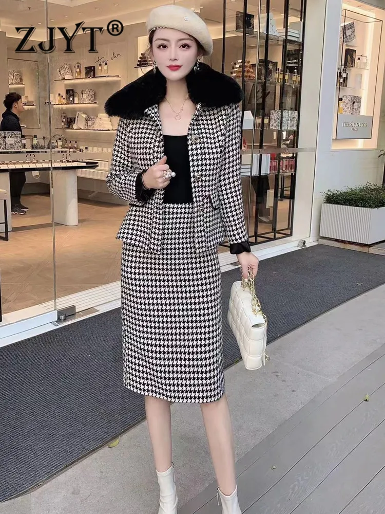 

Женский комплект из двух предметов ZJYT, Зимний дизайнерский роскошный твидовый шерстяной пиджак с меховым воротником и юбка, винтажная одеж...