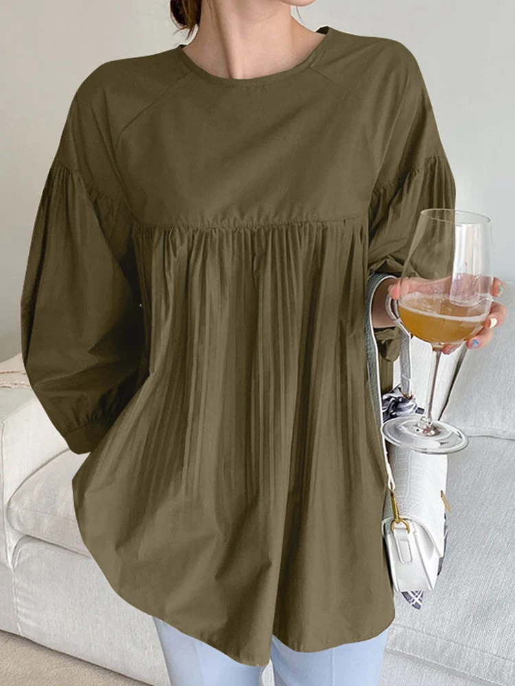 

Коллекция 2022 года, топ ZANZEA с круглым вырезом и длинным рукавом, повседневная однотонная блузка А-силуэта, свободная Офисная Женская блузка б...