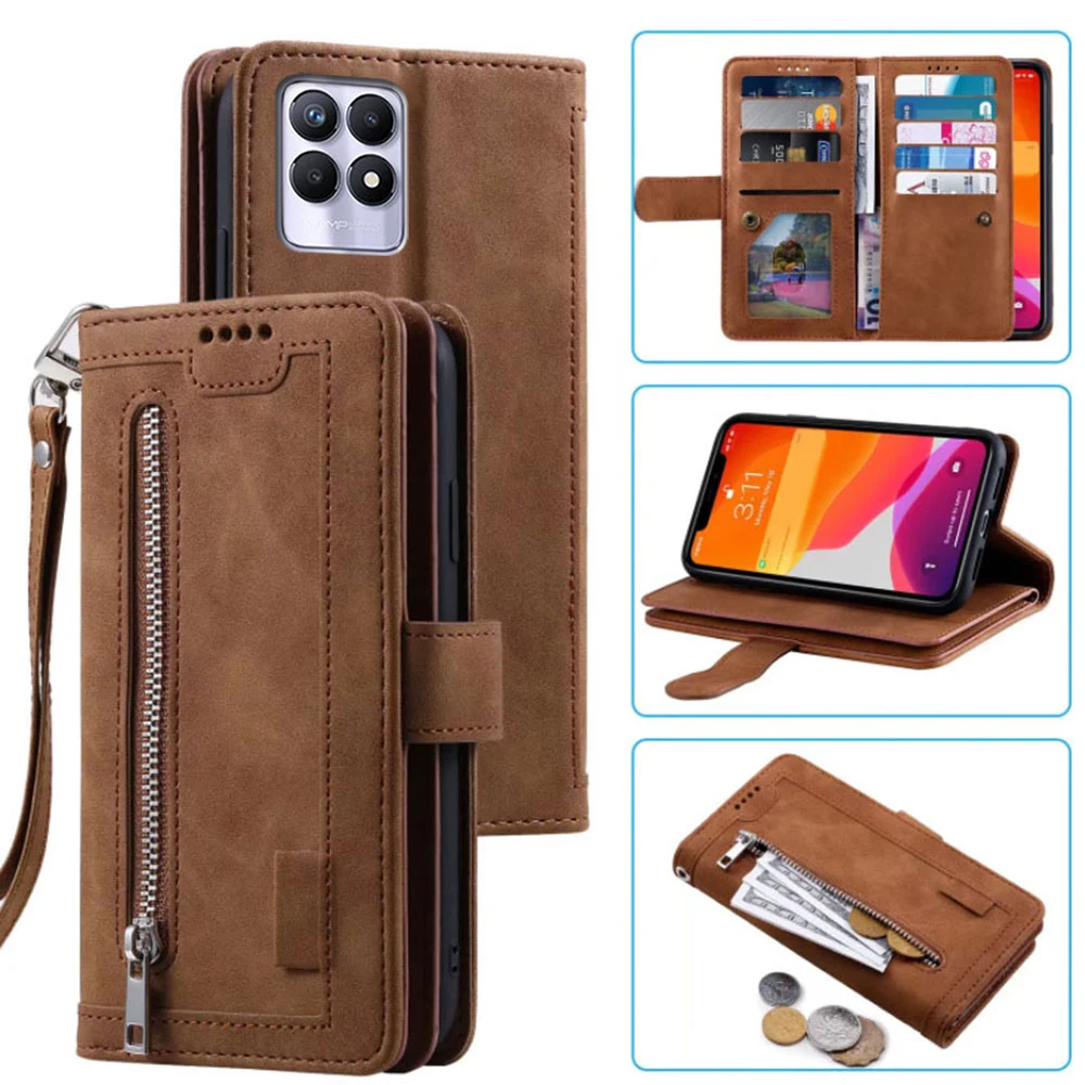 

9 Cards Wallet Case for Realme 8i Case Card Slot Zipper Flip Folio with Wrist Strap Carnival for Realme 8i Cover