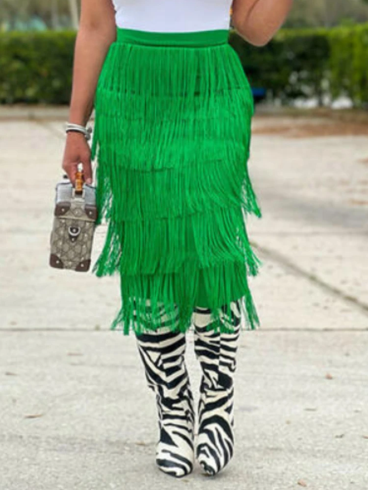 

Женская зеленая юбка с бахромой и высокой талией на молнии