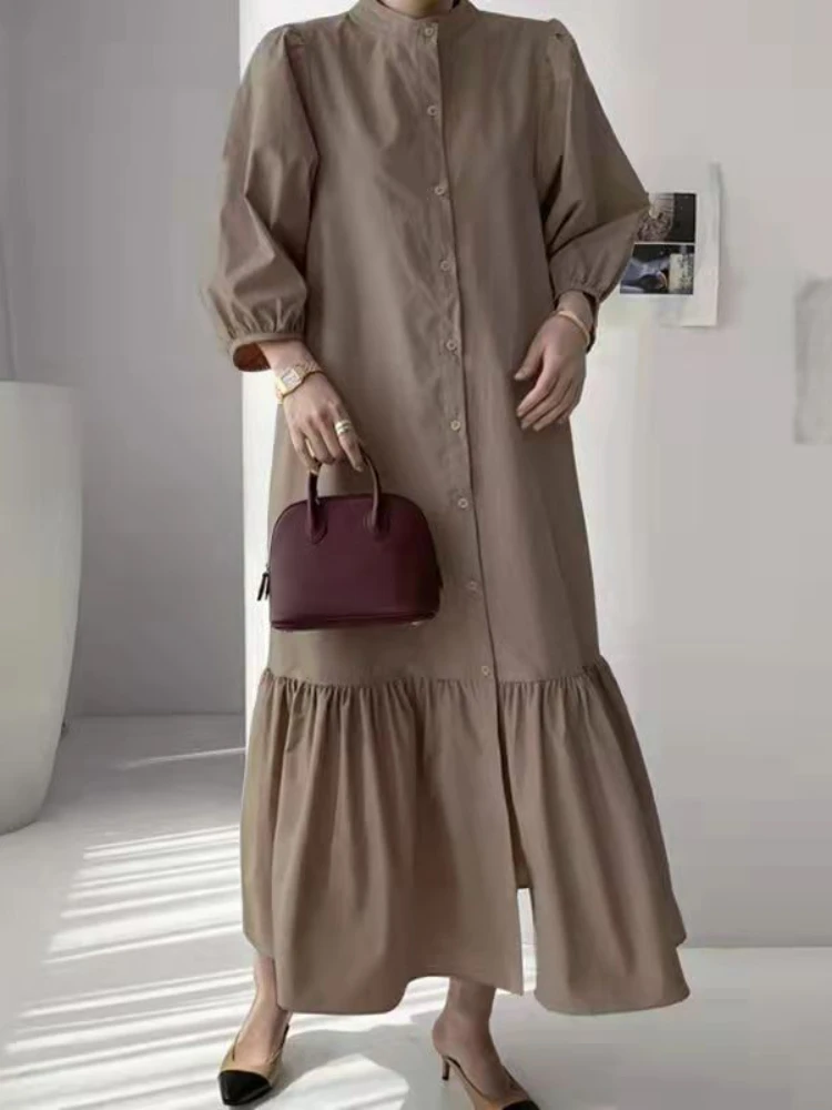 

2023 New Spring and Autumn Fashion Standing Neck Single Breasted Shirt Dress with 3/4 Sleeves and Casual Loose A-line Long Dress