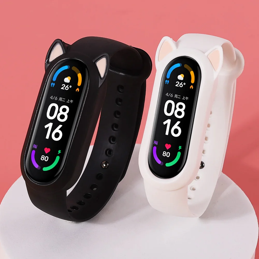 Фото Силиконовый ремешок для Xiaomi MiBand 7 5 6, кошачьи наушники, чехол для Mi Band 7 3 4, бампер с милыми ушками, модный мультяшный милый браслет, новинка №2