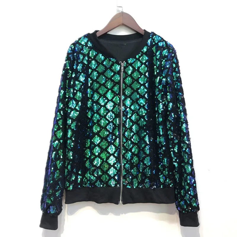 

Autumn Women Sequin Coat Green Bomber Jacket Long Sleeve Zipper Streetwear Tunic Loose Casual Ladies Basic Coat Sidaimi