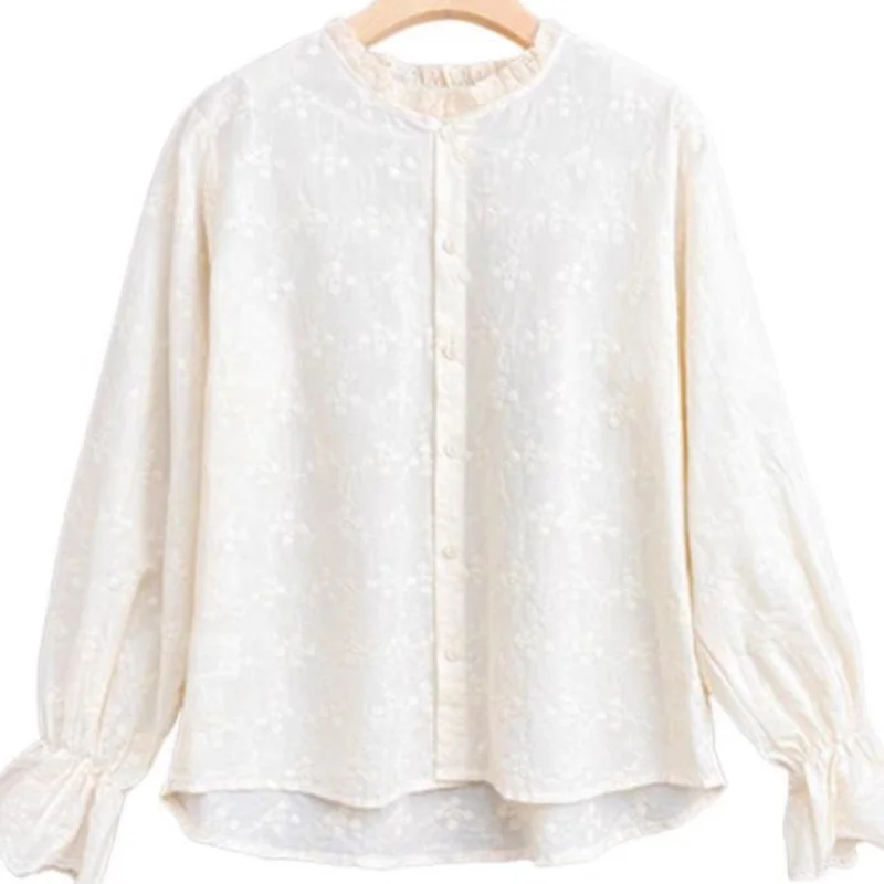 Женская хлопковая блузка с длинным рукавом кружевная простая оборками и