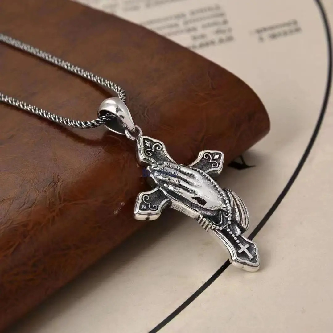 

S925 Sterling Silver Fashion Jewelry Thai Silver Retro Men And Women Popular Prayer Hands Cross Pendant