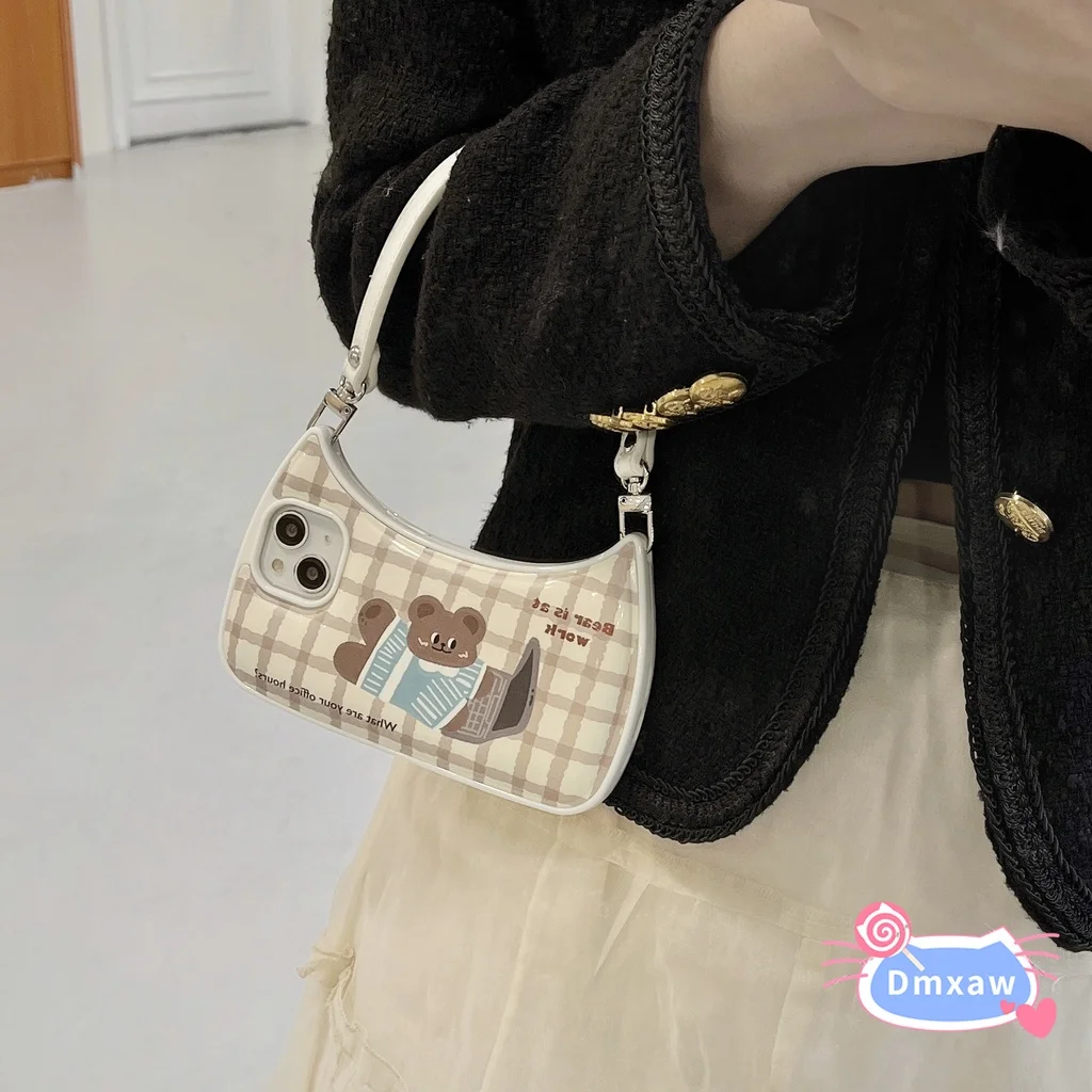 

For iPhone 14 Plus 14 13 12 11 Pro Max XS Max Phone Case 3D Handbag Bag Bear Plaid Lanyard Strap Cute Soft Cover