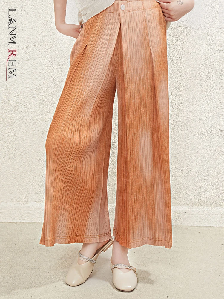 

LANMREM Gradient Pleated Pants For Women High Waist Single Button Designer Wide Leg Trousers Casual 2023 Summer New 2YA2680