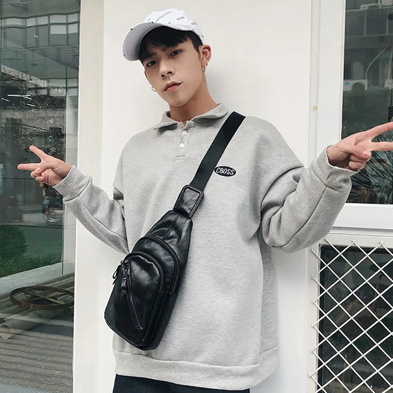 Leather Chest Bags Male One Shoulder Backpack Black Small Back Pack Waterproof Cross Body Purses Sling Bag for Man