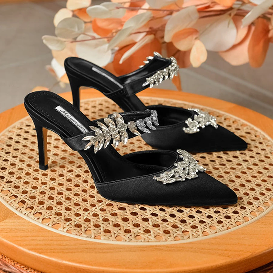 Women's High HeelsTemperament Baotou Silk Wheat Ear Rhinestones Muller Semi-Trailer Pump Pointed Stiletto Sandals