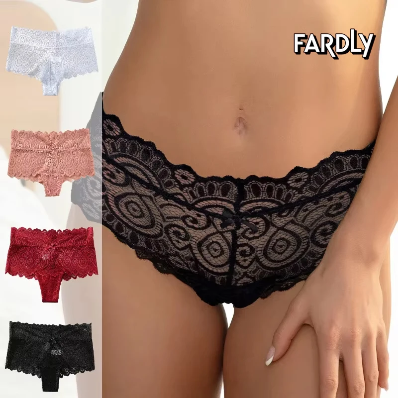 Трусы женские кружевные треугольные с бантиком пикантные дышащие трусы разрезом