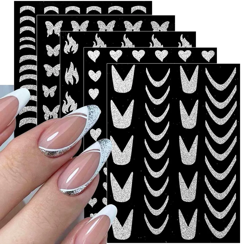 

Glitter Silver French Tip Nail Stickers 3D Metallic Curve Stripe Lines Heart Star Butterfly Nail Decals DIY Nail Art Decoration