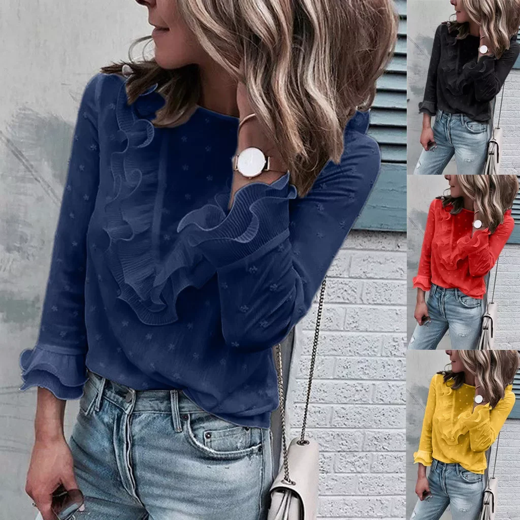 

Womens Boho Beach Ruffle Frill Polka Dot Tops and Blouses elegant Long Sleeve Female Party Blouse blusas femininas elegante