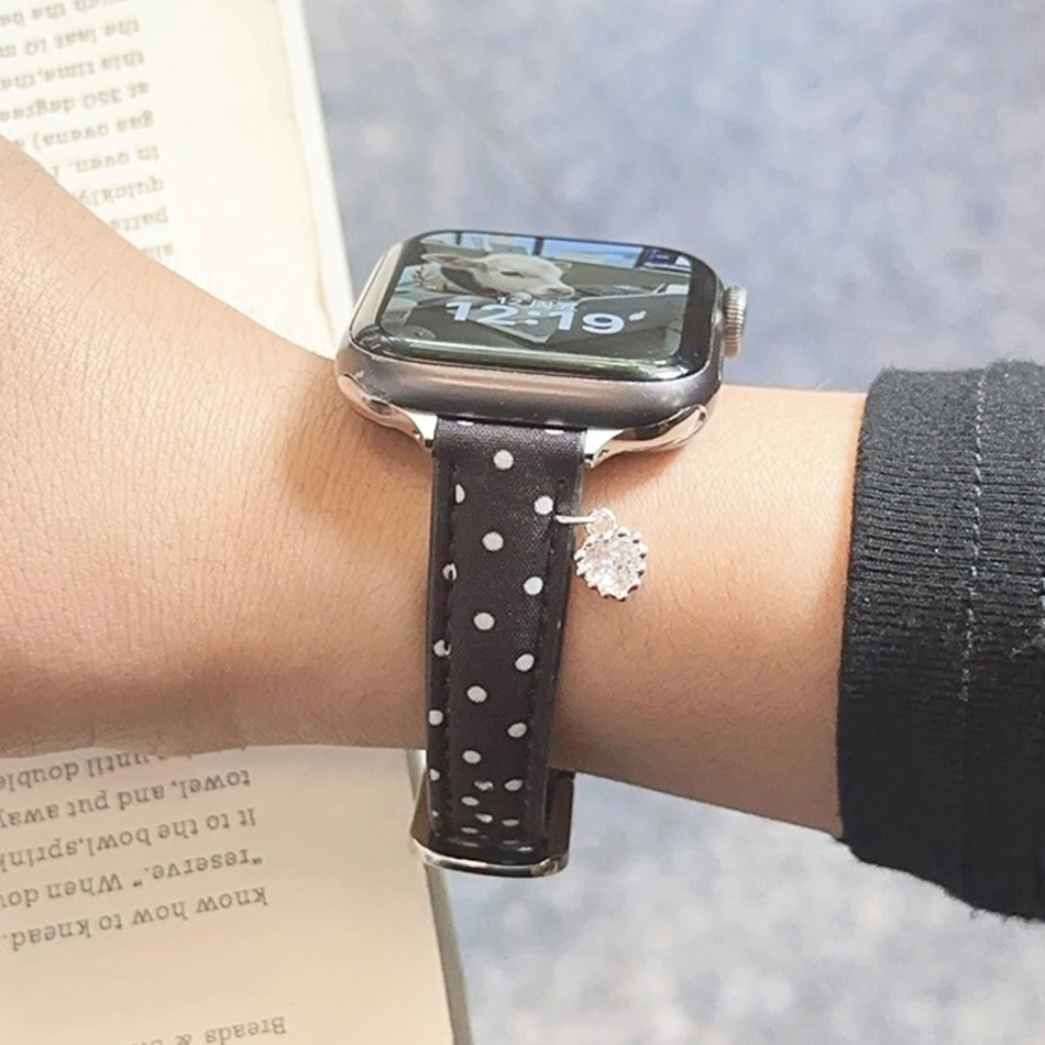 Фото Ремешок из искусственной кожи в горошек для Apple Watch Series 11, 10, 9, 8, 7, 6, 5 SE UItra iWatch 49/46/45/44/42/41/40/38 мм, тонкий ремешок-браслет №2