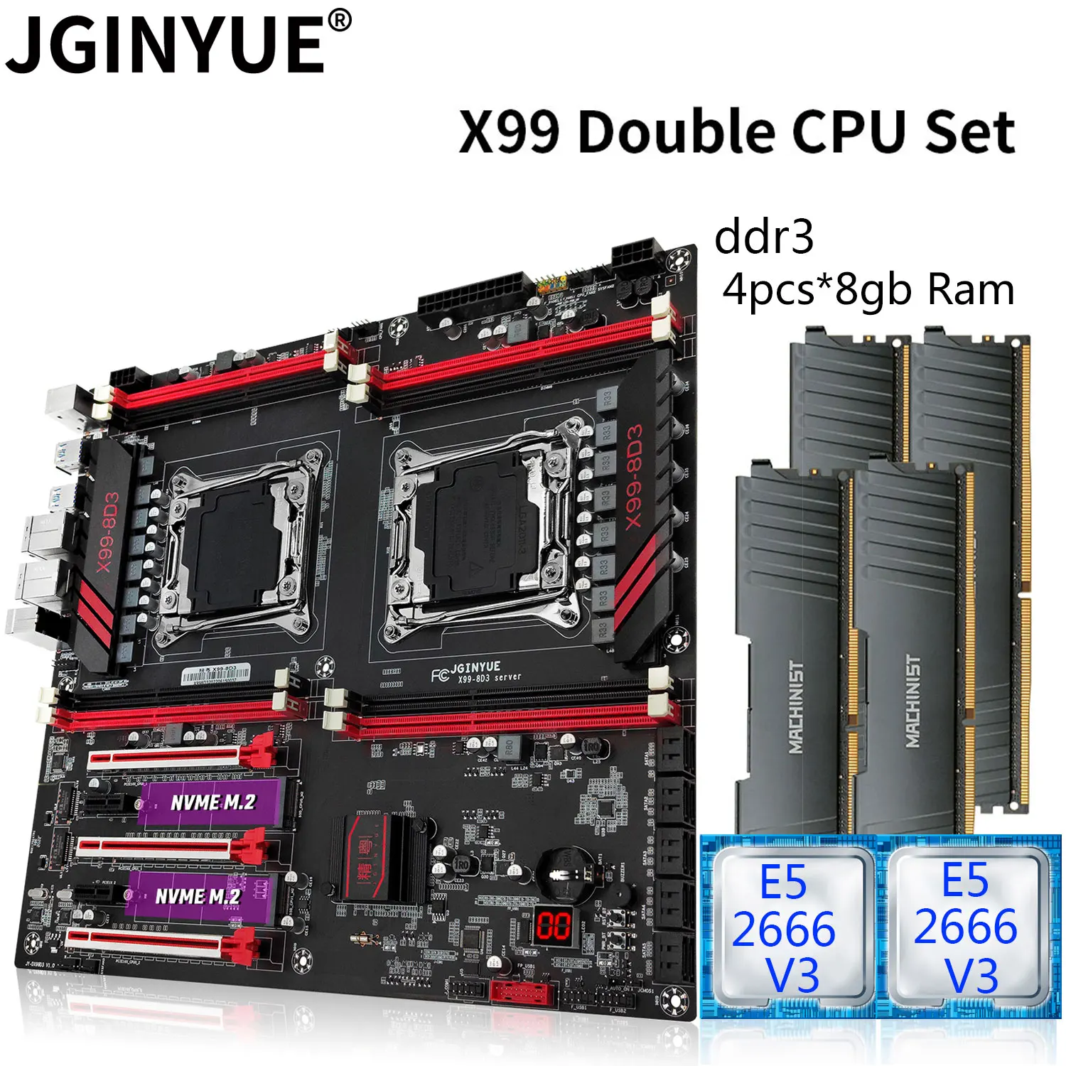 

JGINYUE X99 Dual CPU Motherboard Set Kit with 2 * Xeon E5 2650 V3 CPU 4 × 8GB = 32GB DDR4 ECC REG Memory LGA 2011-3Eight-channe