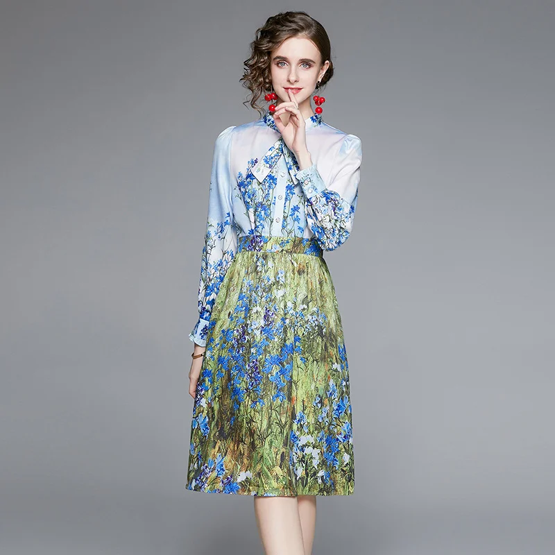 

Женское однобортное платье средней длины, платье с длинным рукавом и широким подолом, с принтом, осень 2022