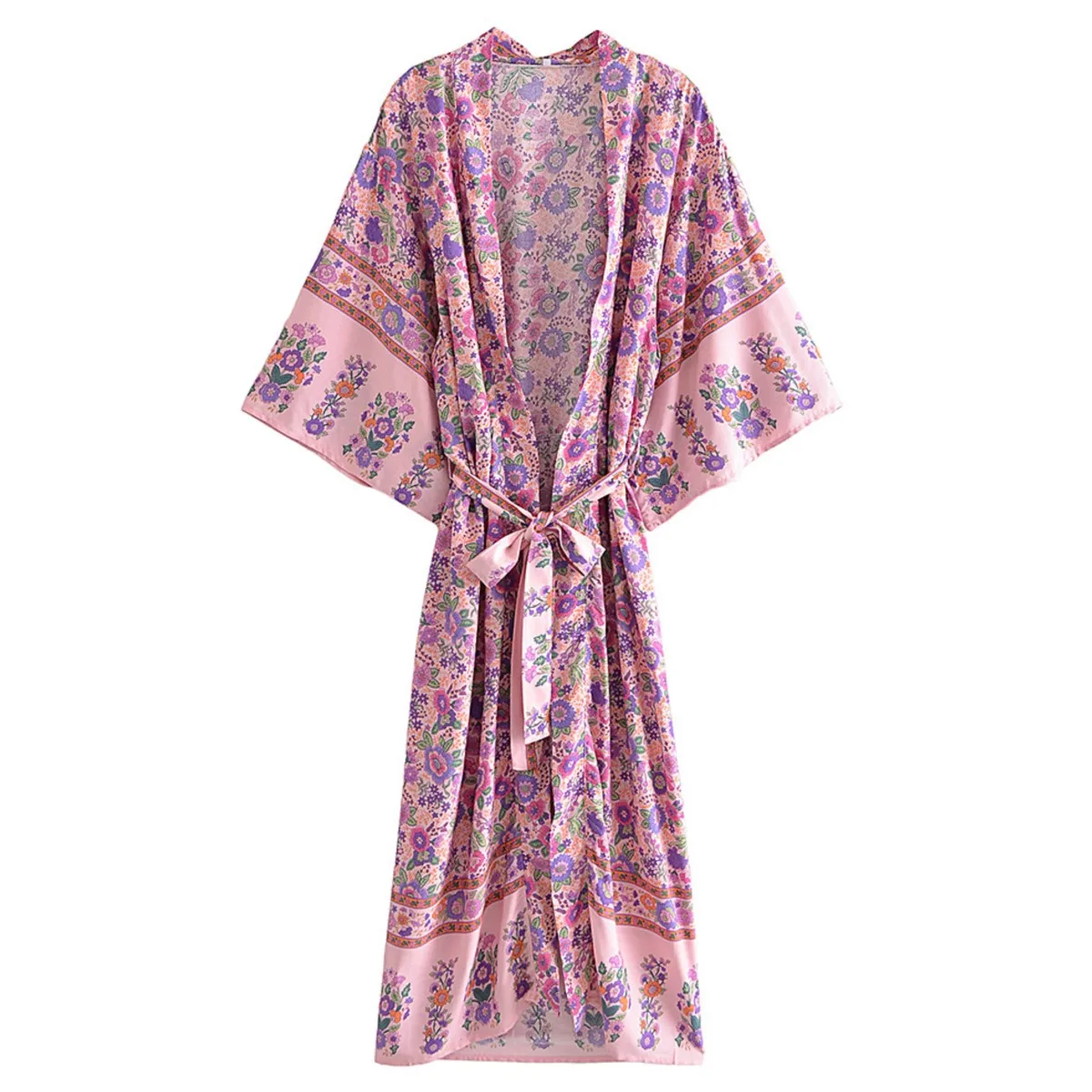 

Халат в стиле бохо, кафтан, шикарное кимоно с цветочным принтом и поясом, женский кардиган в богемном стиле с V-образным вырезом и рукавами «летучая мышь», искусственный шелк