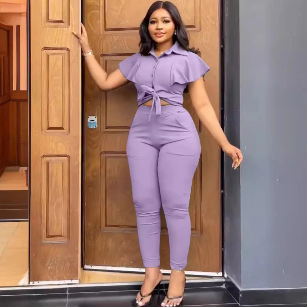 Женский комплект из двух предметов однотонный с топом и брюками весна-лето 2024