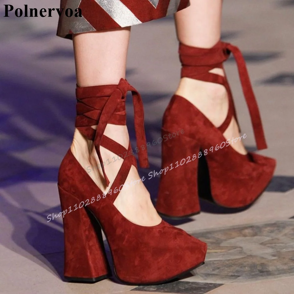 Подиумные туфли-лодочки из красного флока на толстой подошве женские туфли