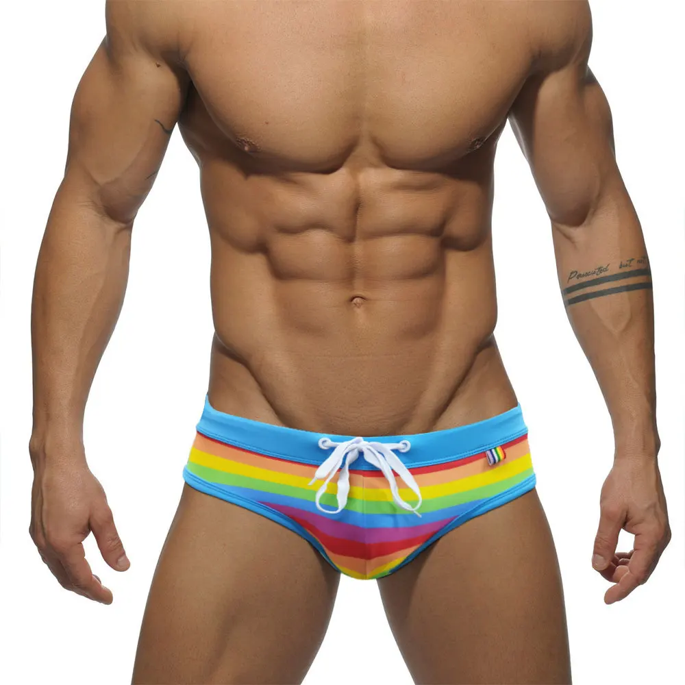 Sexy Rainbow Swimwear Mens Swim Briefs Beach Swimming Shorts Trunks Striped Bathing Suit Underwear Pouch Swimsuit Beahwear