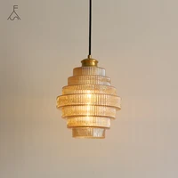 Nordic Stairs Glass Shade Pendant Lights Restaurant Study Brass Lamps Bedroom Bedside Bar Aisle Smoke Grey Striped Hanging Light