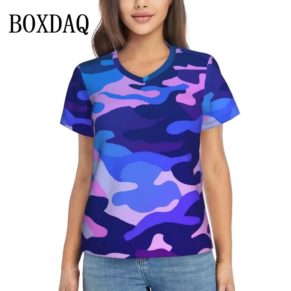 Женская камуфляжная футболка с коротким рукавом и V-образным вырезом