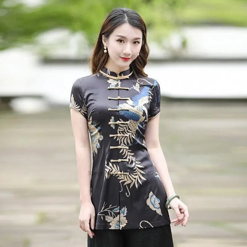 

2022 flower print chiffon blouse women chinese shirt national tops hanfu tang suit female daily tops floral shirt hanfu tops