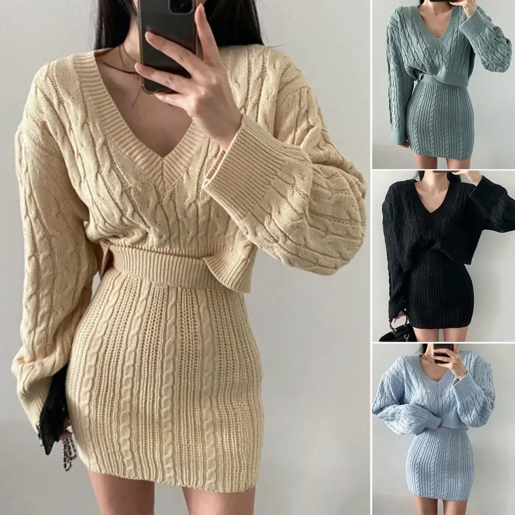 

2 Pcs/Set Sweater Skirt Set Solid Color Thick Knitted Soft Twisted Short Sweater High Waist Lady Sweater Skirt Women Clothing
