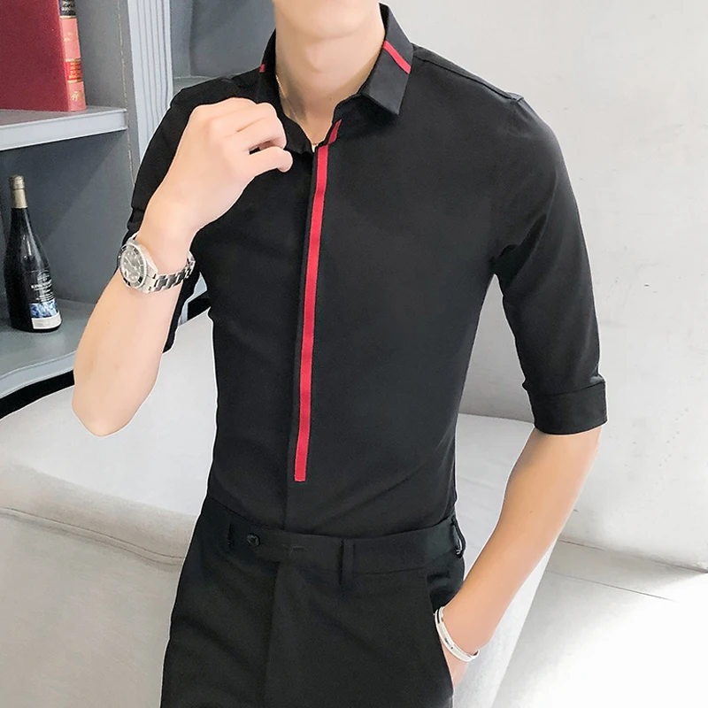 

Summer Spring Men Casual Shirts Tops Red Striped Cover Buttons Black Mens Slim Shirt Three Quarter Sleeve Social Chemise Homme