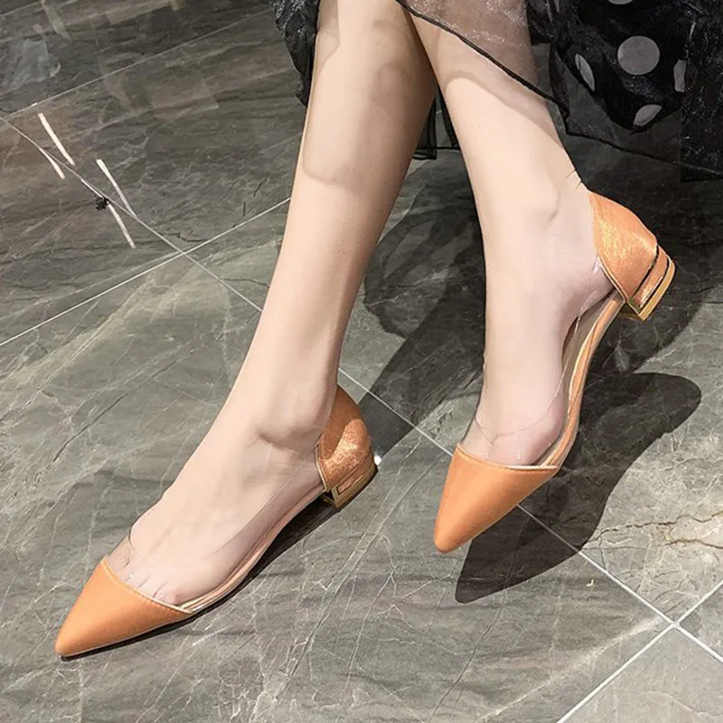 

Women Flats Transparent Shoes Ballet Nude Pointed Toe Chunky Heel Low Shallow Mouth Plus Size New Arrivals Direct Selling