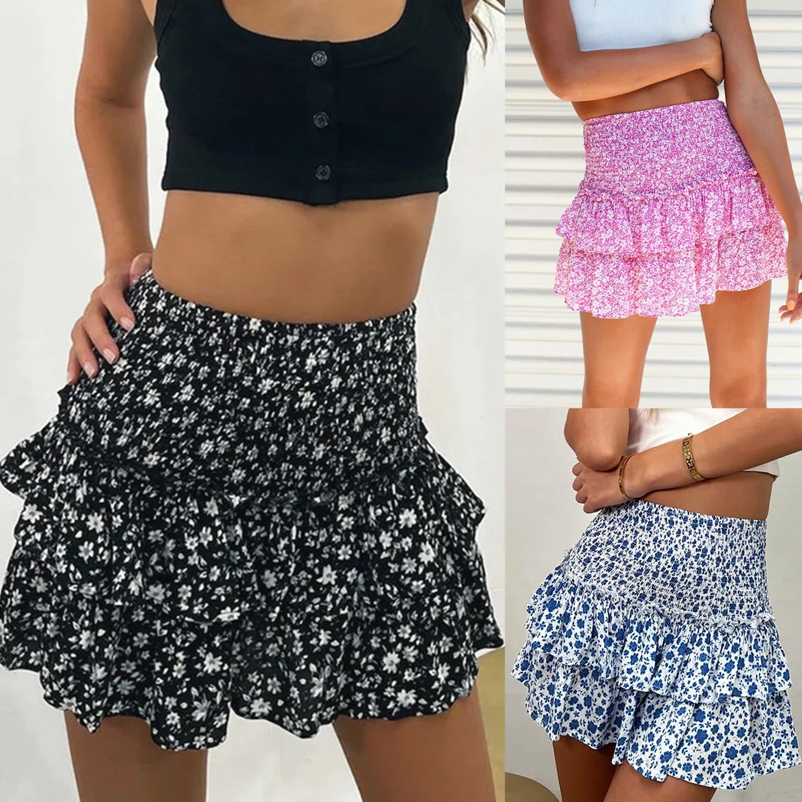 

Bohemian High Waist Pleated Skirts Summer Short Skirt Floral Printed Bag Hip Skirt Sexy Casual Ruffle Beach Sexy Vintage Skirts