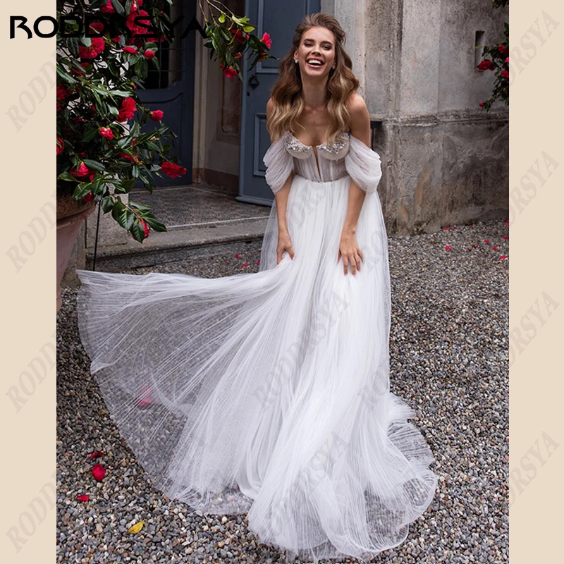 

RODDRSYA Sweetheart Off Shoulder Wedding Dress For Women A-Line Tulle Vestido De Noiva Strapless Crystal Zipper Back Bridal Gown