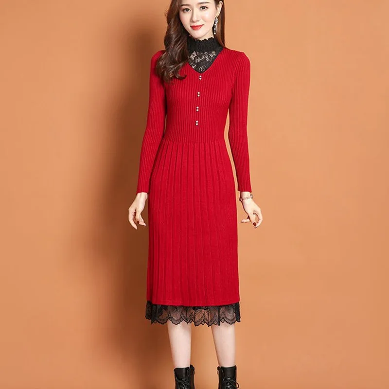 

Knitted Dress Autumn New Lace SlimTemperament with Coat Bottoming Sweater Skirt In Winter Woman Sweaters Dress Red Korean Dress