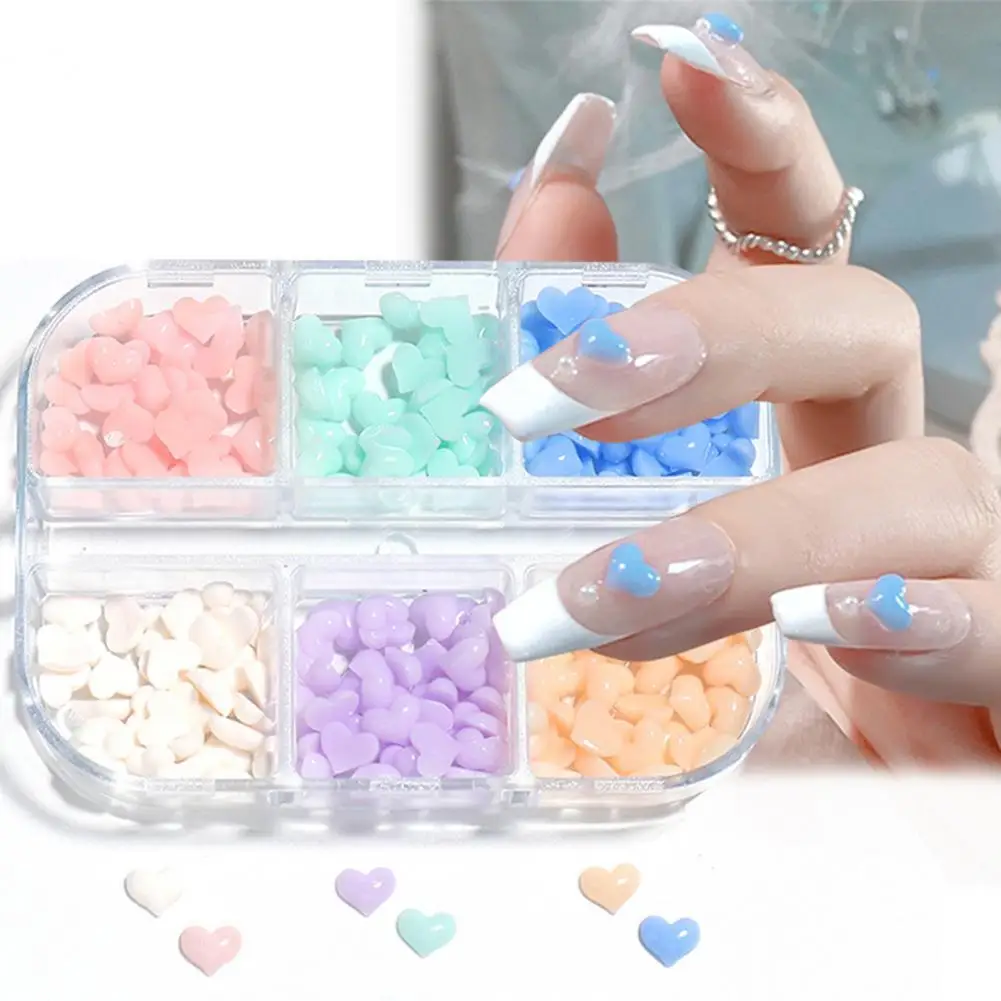 

6Grids/Box Nail Heart Ornament Flat Back 3D Effect Color Changing White Pink Heart Nail Art Decorations Charms for Manicure