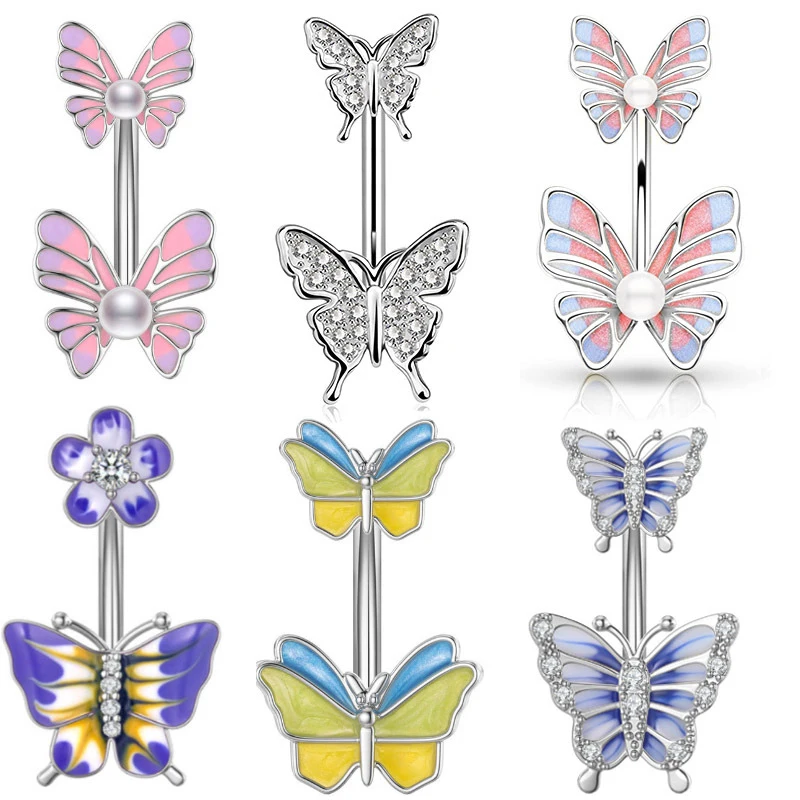 

1PC/6PCS Drip Oil Navel Nail Piercing Body Jewelry For Women Body Decoration Stainless Steel Butterfly Pearl Belly Button Ring