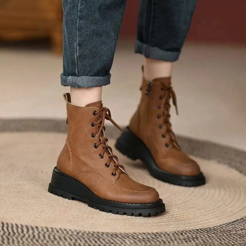 

Soft Leather Wedge Heel Platform Boots Women Short Tube Middle Booties Fashion Low Lace Up 2022 Winter New Style