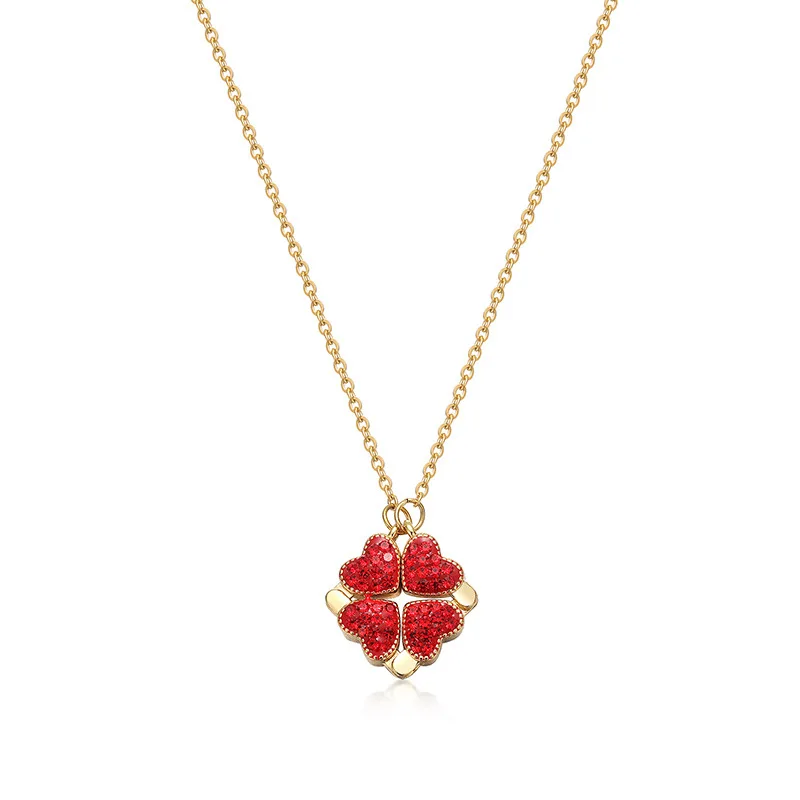 

Fashion Women Girls stainless steel Necklace Creative Red black Double Sided Four Heart Lucky Grass Clavicle Chain Necklaces