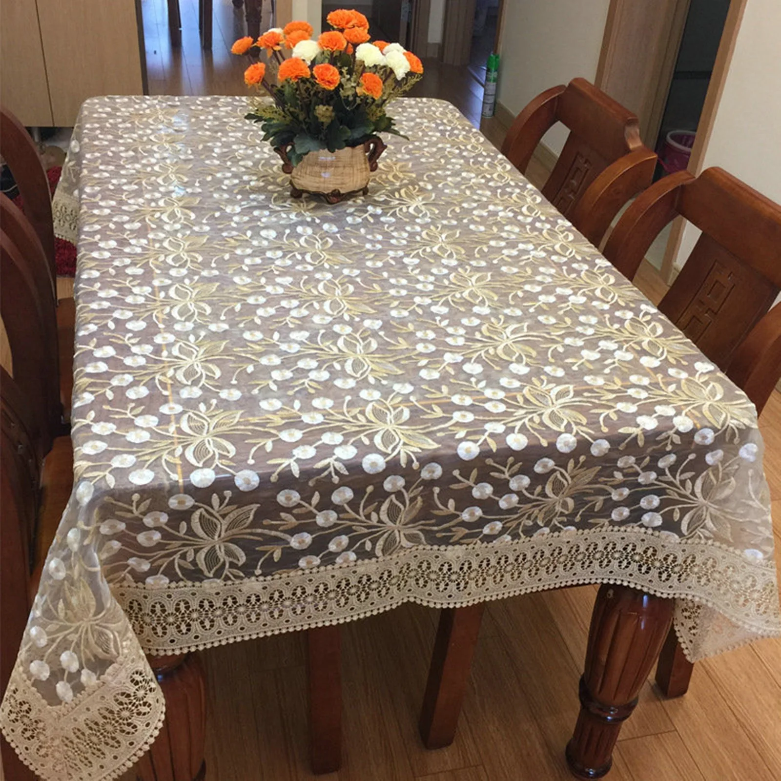 

Polyester Tablecloths, Waterproof Table Covers Flower Leaves Gold White Dining Table Coffee Table Deco