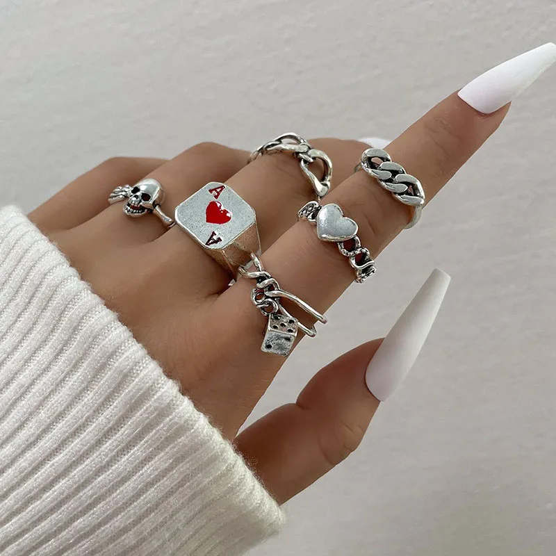 

6 Pcs Punk Skull Heart Rings Sets For Women Aesthetic Y2K Retro Jewelry New In Accessories Gift Free Shipping