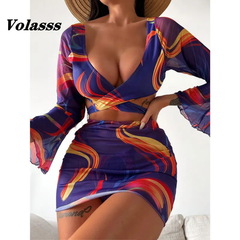 

Купальник-тройка с длинным рукавом, Женская сетчатая юбка, комплект бикини, новый купальник с принтом, женский сексуальный купальный костюм...