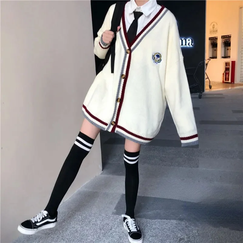 

Korean Style Embroidery Cardigan Sweater Women Preppy Fashion Oversized Knitted Jumper Female Japanese Fall V-neck Coat