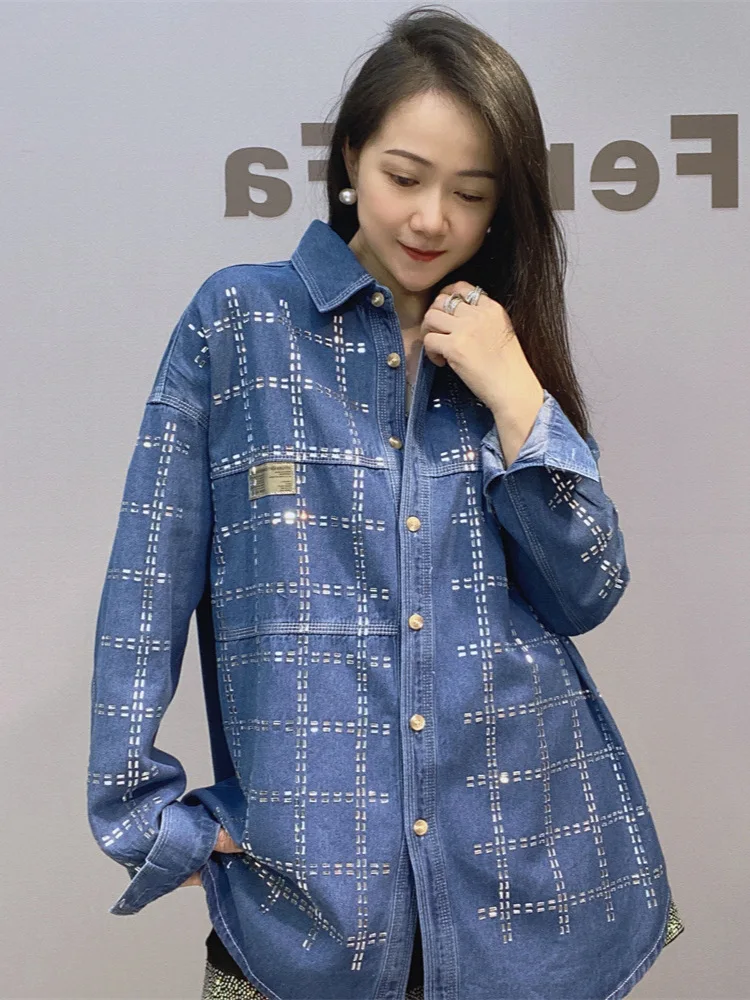 Женский шикарный топ полосатая джинсовая куртка со стразами Повседневная модная