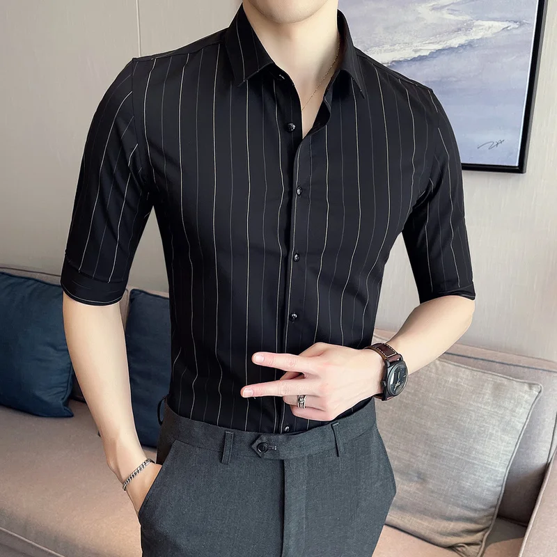 2022 Classic Striped Shirts for Men Summer Half Sleeve Slim Casual Shirt Business Formal Dress Shirts Social Party Tuxedo Blouse